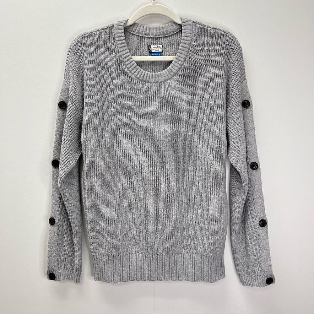 Kavu Lena Pullover Knit Sweater Light Gray Long Button Sleeves Scoop Neck Size S
